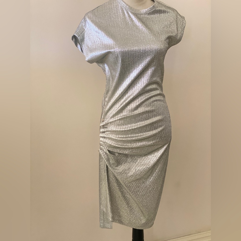 Paco Rabanne Metallic Silver Asymmetrical Ruched Dress